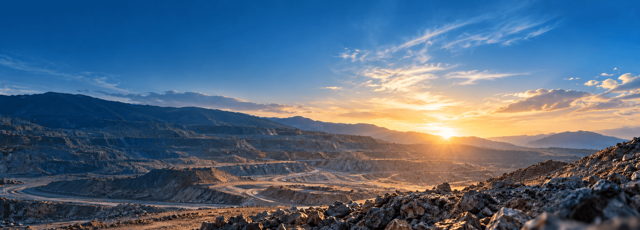 Open-pit mining landscape at sunset